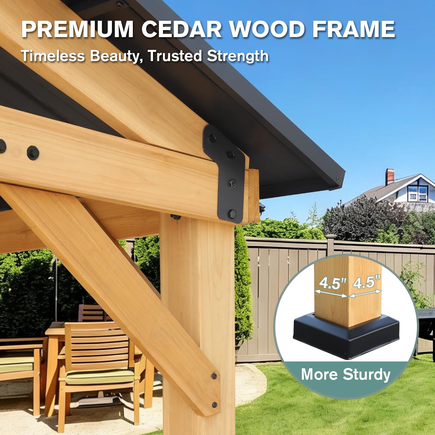 COOS BAY 11x13 Hardtop Gazebo with Cedar Wood Frame, Post-and-Beam Gazebo Shelter, Galvanized Steel Gable Roof with UV Protection for Garden, Patio, Poolside, Backyard, Natural Wood/Black