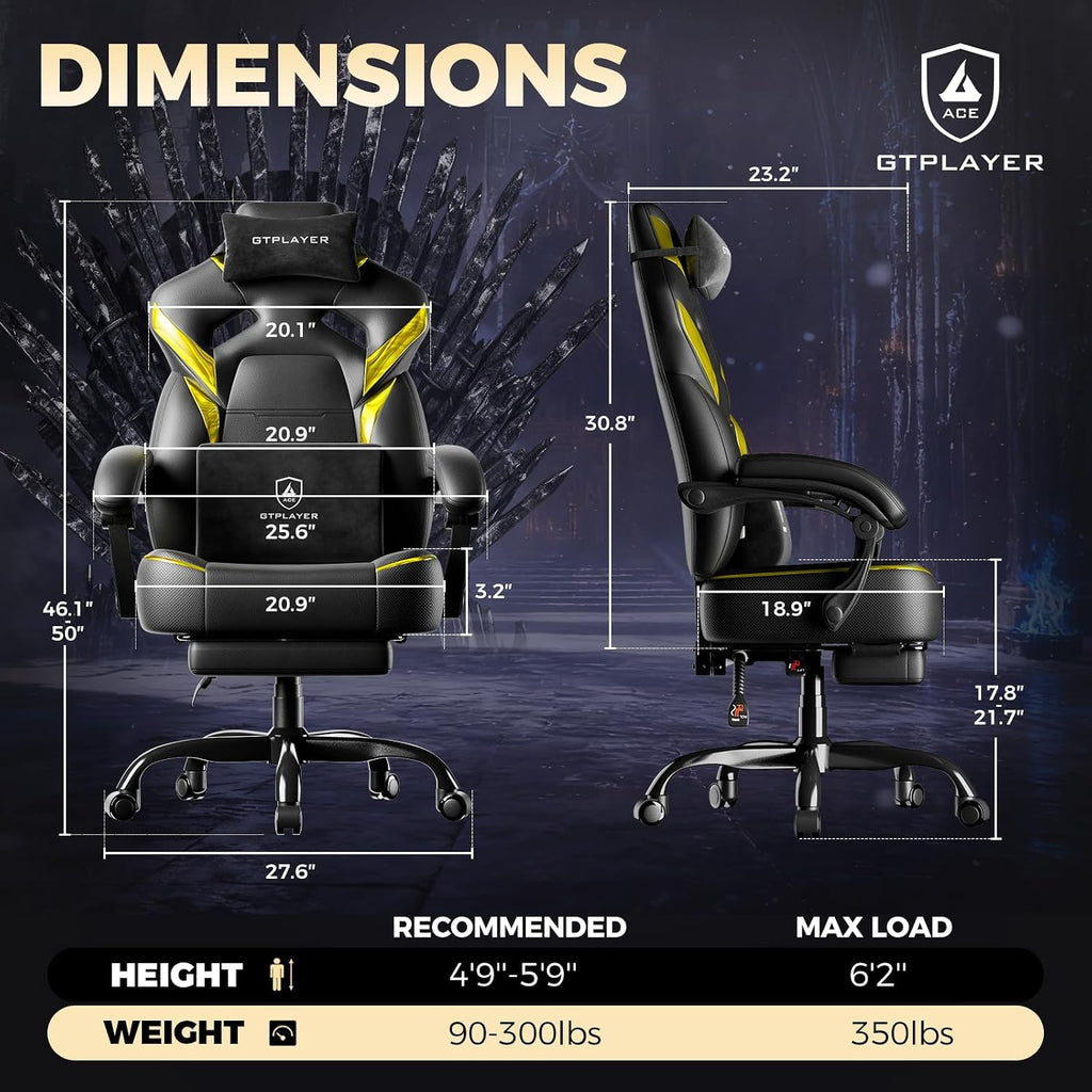 GTPLAYER Big and Tall Gaming Chair for Adults, Ergonomic Office Chair with Footrest, Heavy Duty 350 lbs Capacity, High Back, Premium Leather & Iridescent Trim, ACE-Armor, Yellow (Iridescent)