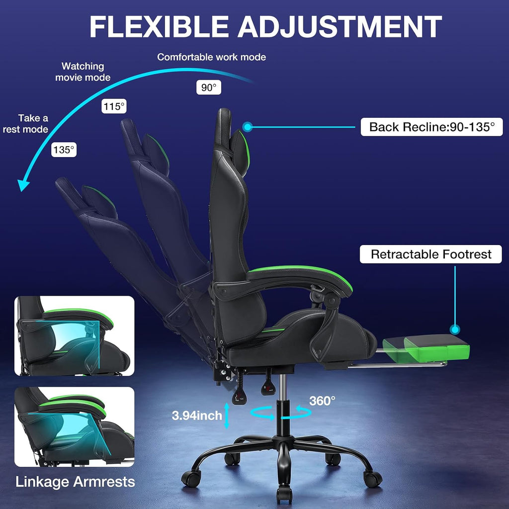 RGB Gaming Chair with LED Lights Massage Ergonomic Computer Gaming Chair High Back Video Game Chair with Footrest and Adjustable Lumbar Support Linkage Armrest Gamer Chairs for Adults Green and Black