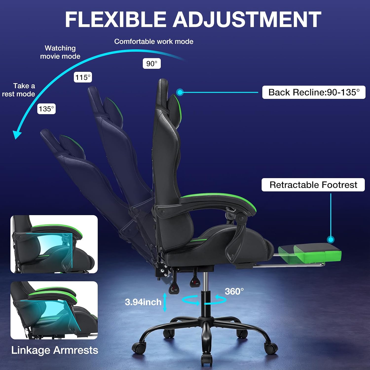 RGB Gaming Chair with LED Lights Massage Ergonomic Computer Gaming Chair High Back Video Game Chair with Footrest and Adjustable Lumbar Support Linkage Armrest Gamer Chairs for Adults Green and Black