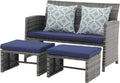 OC Orange-Casual Patio Furniture Set,3 Pieces Outdoor Wicker Conversation Loveseat with Ottomans for Porch, Gray Rattan Navy Blue Cushions