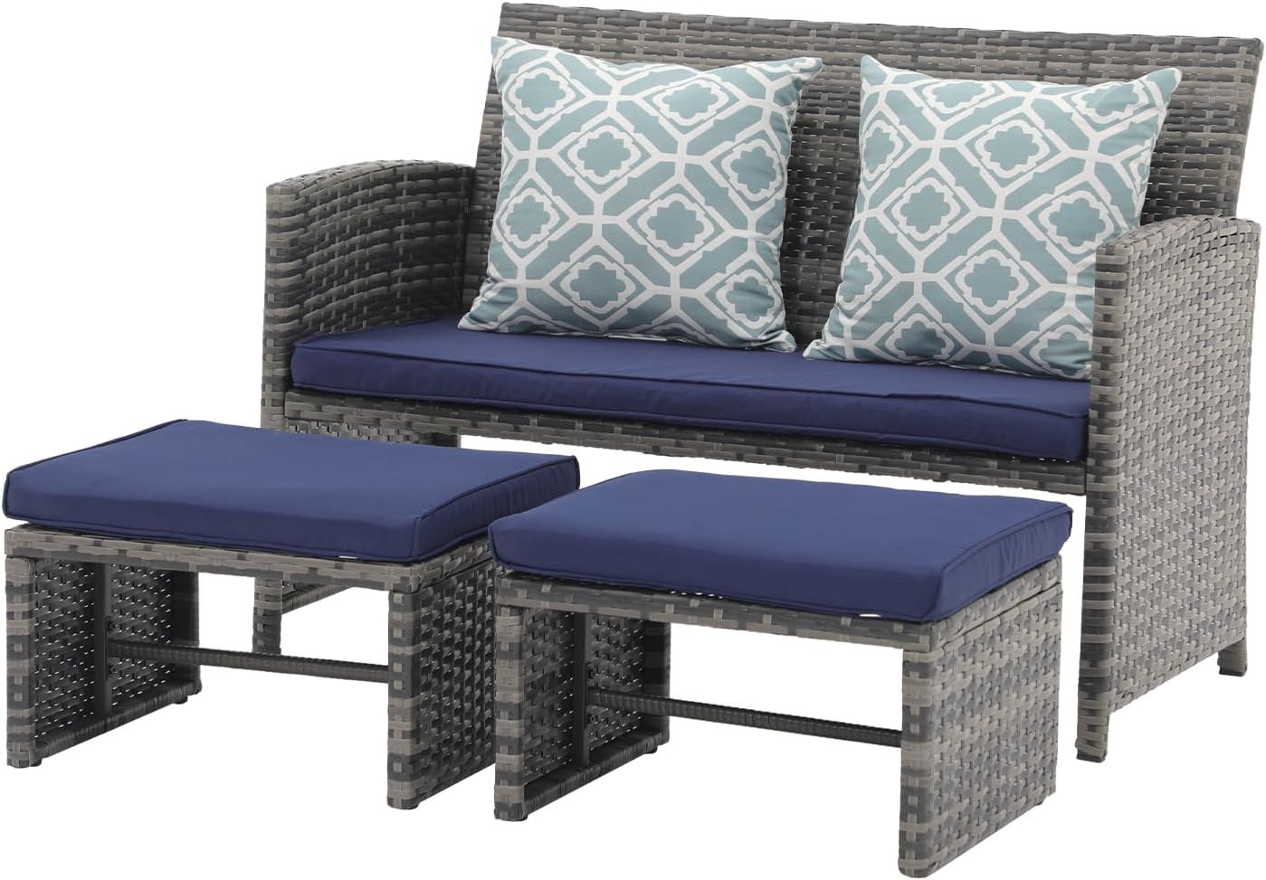 OC Orange-Casual Patio Furniture Set,3 Pieces Outdoor Wicker Conversation Loveseat with Ottomans for Porch, Gray Rattan Navy Blue Cushions
