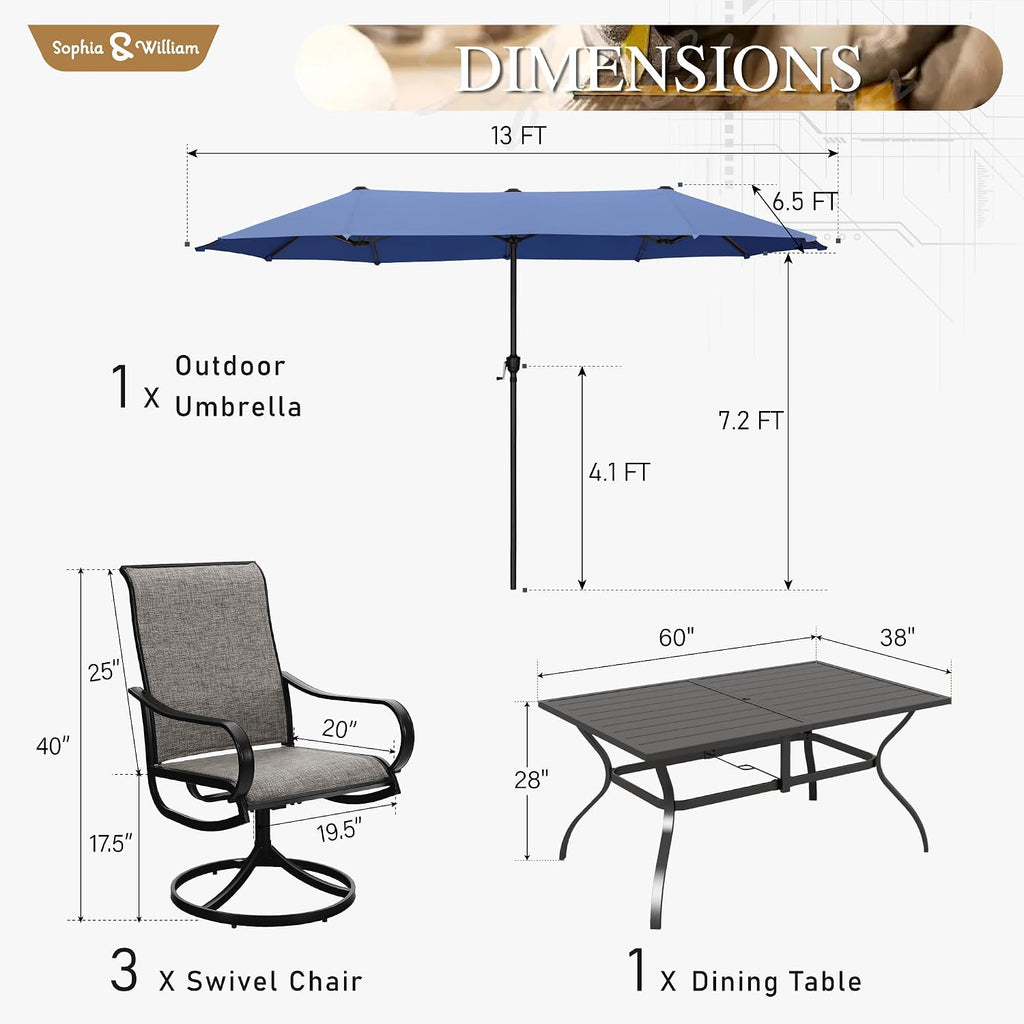 Sophia & William Patio Set with Umbrella 8 Pieces Outdoor Dining Set for 6 with 13ft Double-Sided Patio Umbrella Navy, 6 x Swivel Patio Chairs, 1 Metal Table for Lawn Garden
