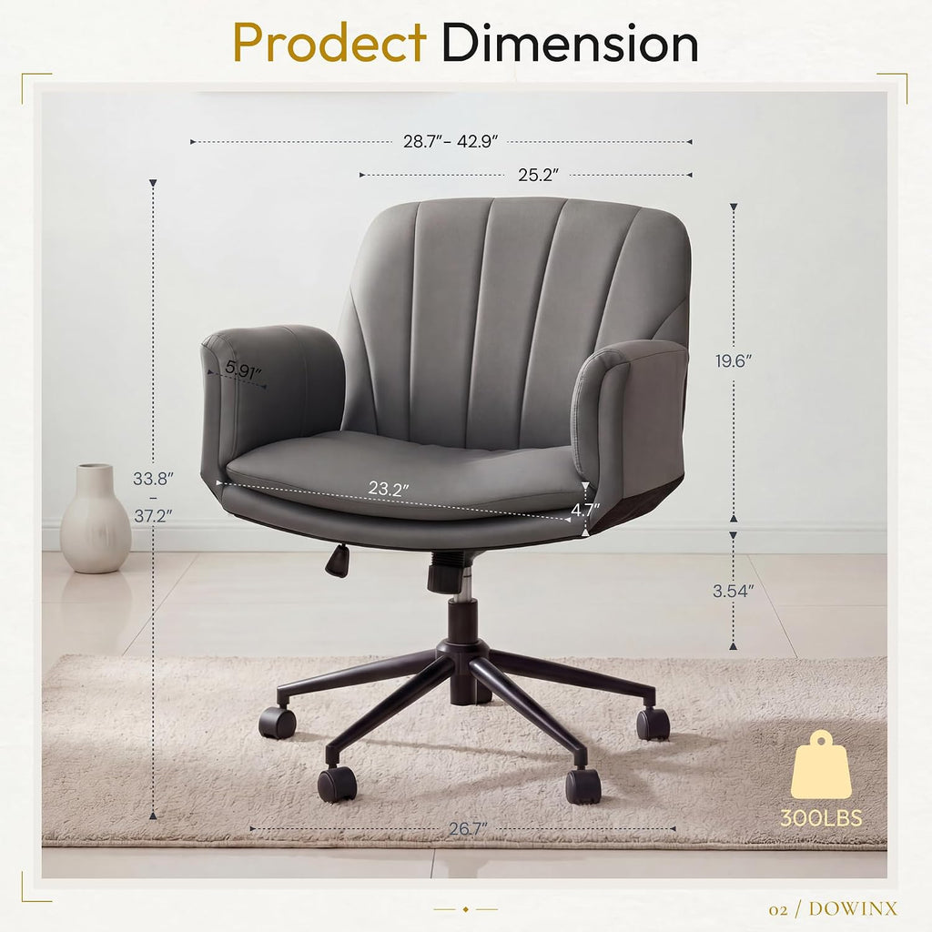 Dowinx Criss Cross Chair with Five-Level Adjustable Arms and Wheels - Comfortable Ergonomic PU Leather Swivel Vanity Chair - Computer Makeup Gaming Chair for Home Office, Bedroom, Vanity Room (Grey)