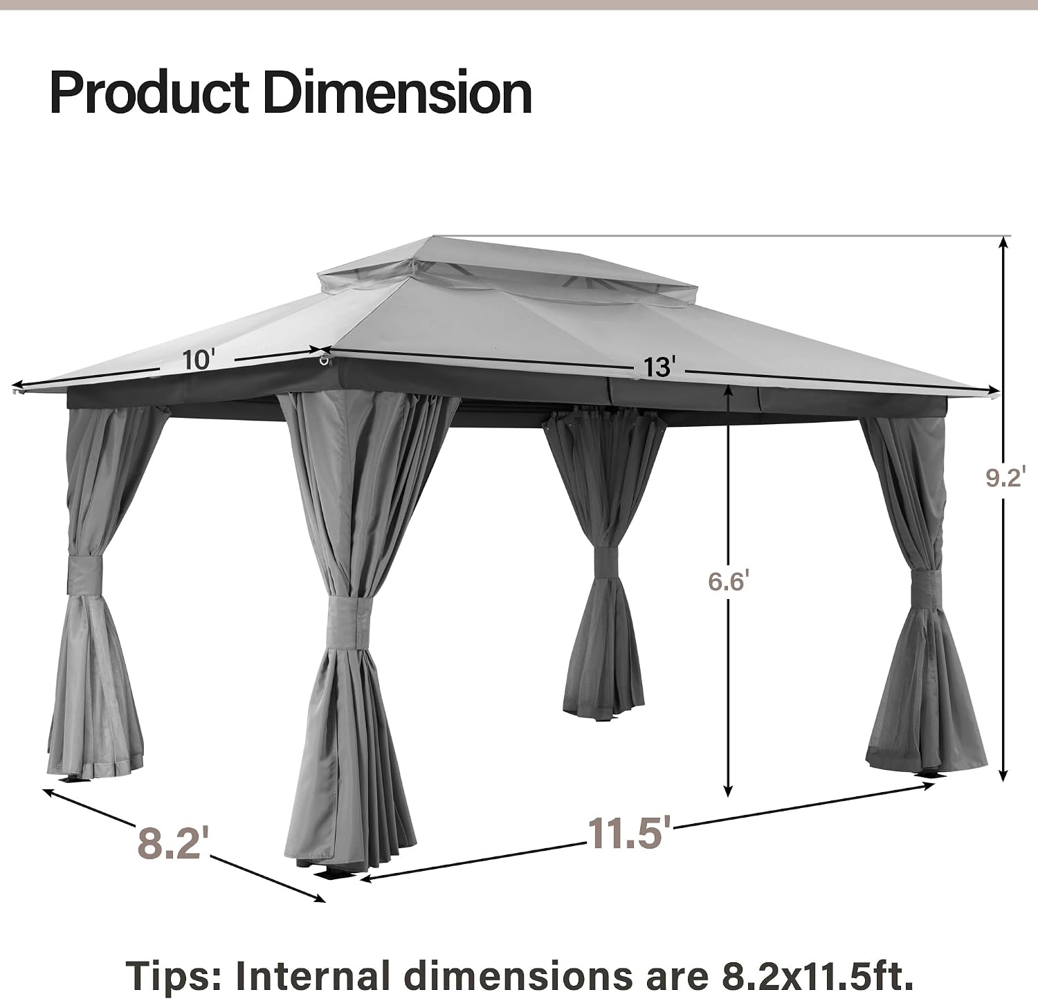 LAUSAINT HOME Gazebo 10x13ft, Heavy Duty Patio Gazebo with Expansion Bolts, Party Canopy Tent with Double Roofs, Mosquito Nettings and Privacy Screens for Backyard, Garden, Lawn, Grey