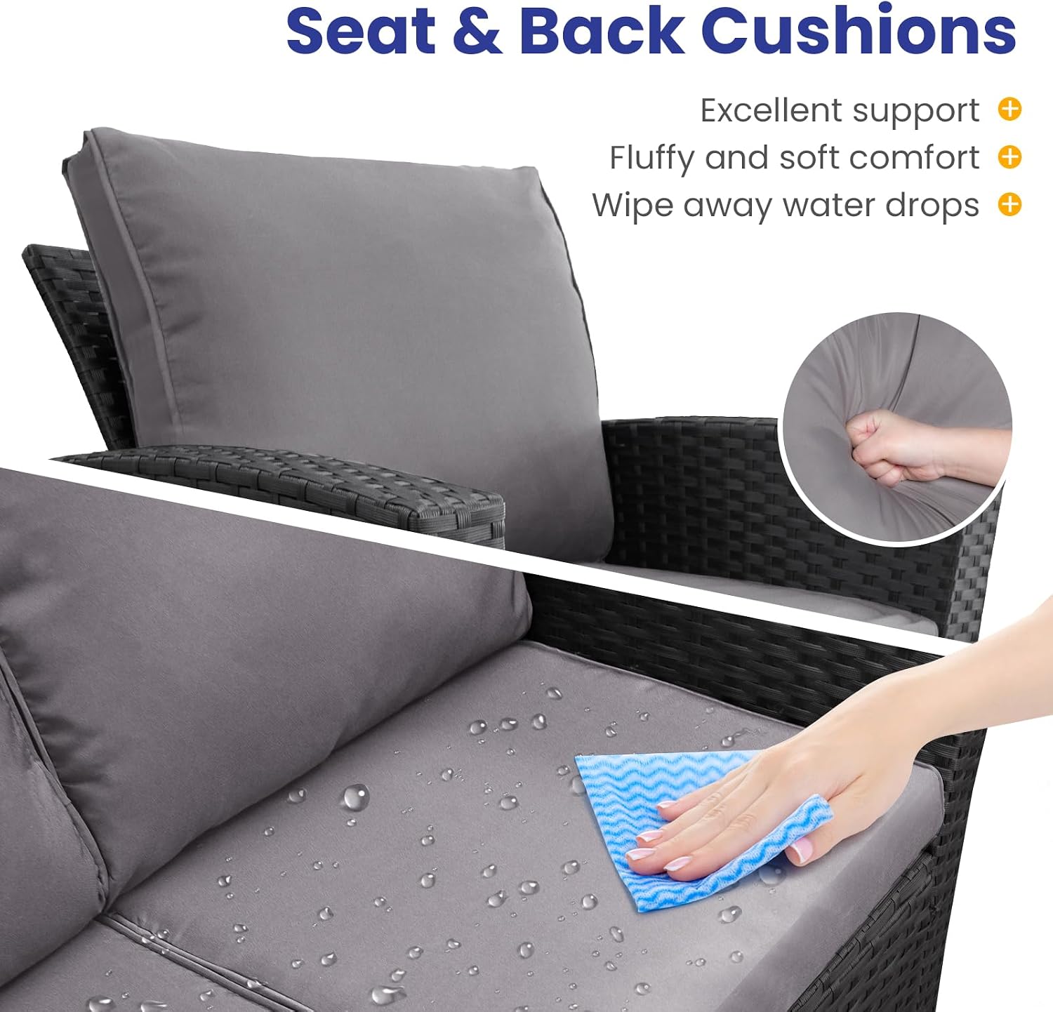 FHFO 4 Piece Patio Furniture Set, Wicker Outdoor Conversation Furniture Set, All Weather Patio Sofa Couch with Cushion & Glass Table, Black/Grey