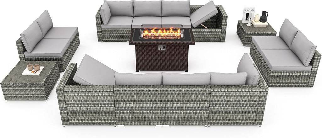 HOMREST 15 Pieces Outdoor Patio Furniture Set with 44' Propane Fire Pit Table, PE Rattan Sectional Sofa Conversation Set w/Adjustable Bracket, Wood Coffee Table for Backyard (Grey)
