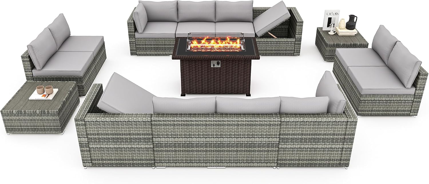 HOMREST 15 Pieces Outdoor Patio Furniture Set with 44' Propane Fire Pit Table, PE Rattan Sectional Sofa Conversation Set w/Adjustable Bracket, Wood Coffee Table for Backyard (Grey)