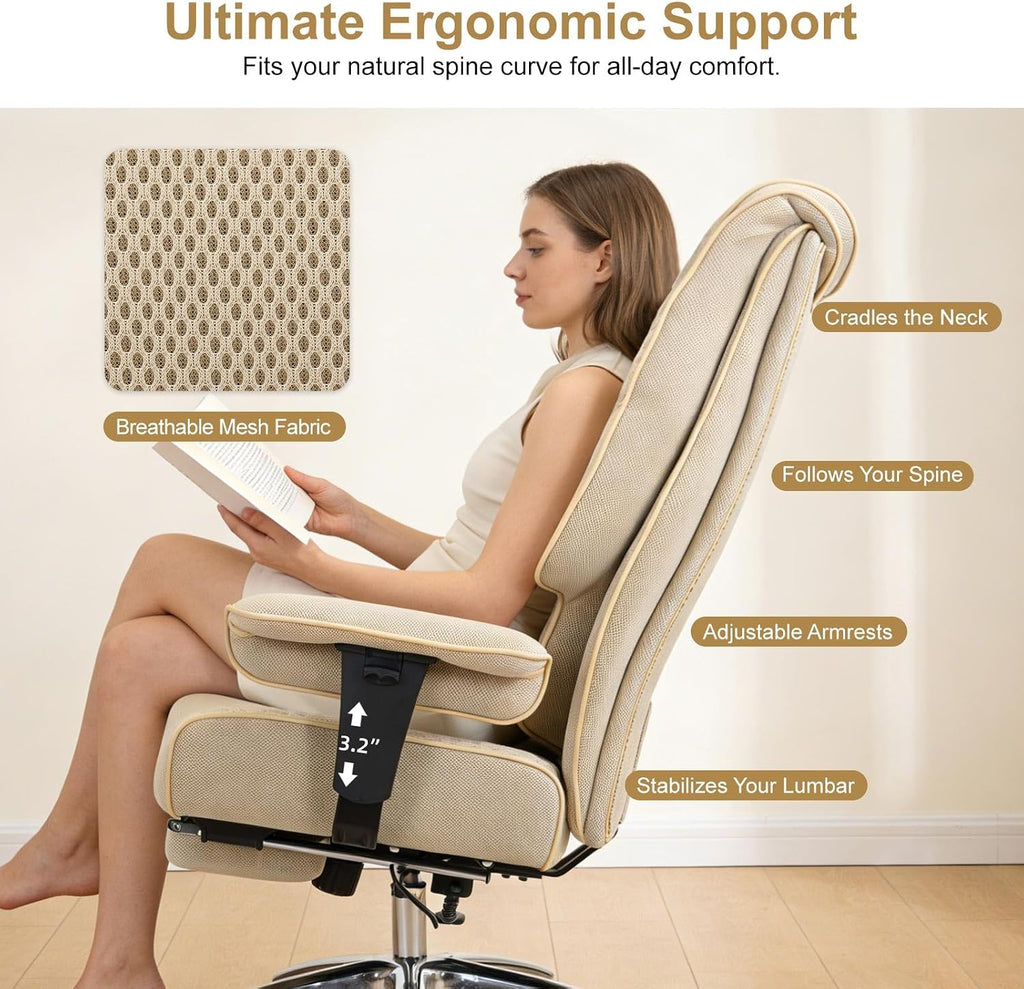 EXCEBET Big and Tall Office Chair 400lbs Wide Seat, Leather High Back Executive Office Chair with Lumbar Support, Ergonomic Chairs Padded Armrests & Thick Cushion (Mesh Beige)