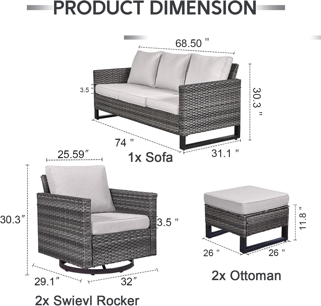 5 Piece Wicker Patio Furniture Set - Outdoor Swivel Rocker Chairs Set with 3 Seat Sofa and Ottomans, Small Patio Conversation Sets Proch Furniture for Balcony Deck - Grey/Beige