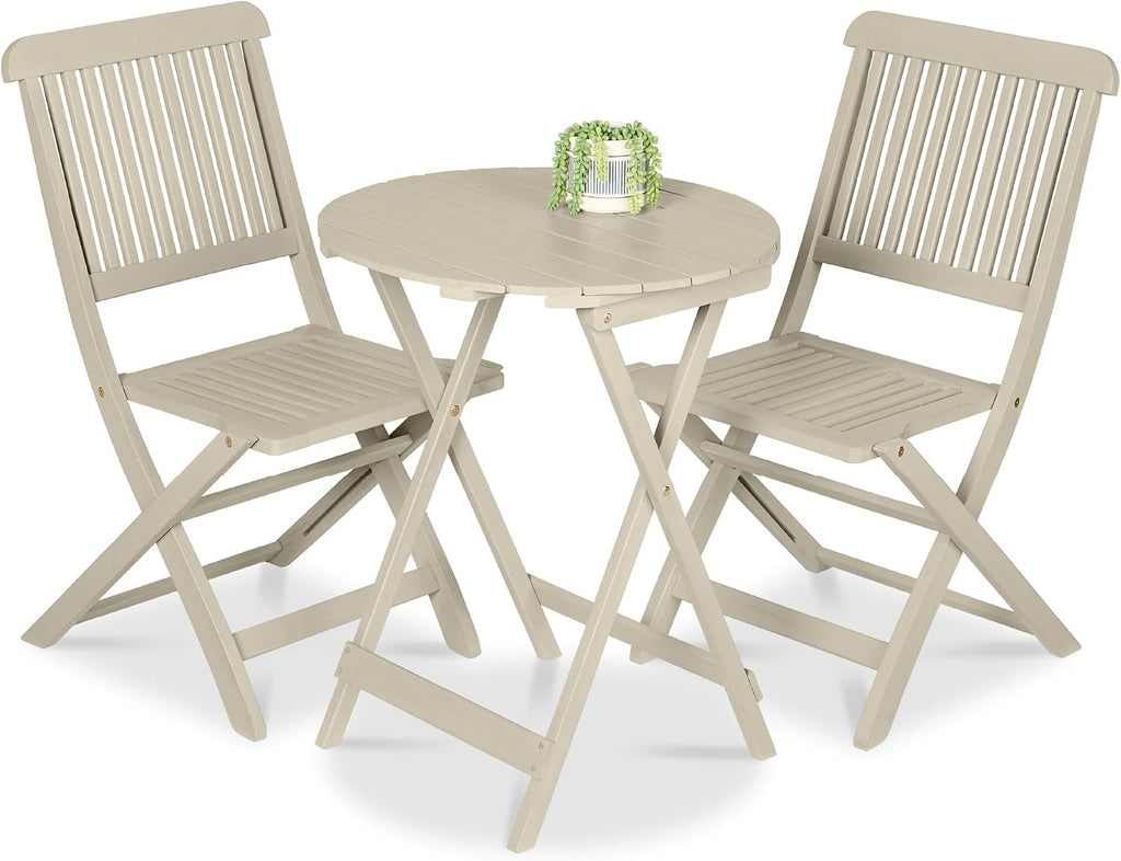 Best Choice Products 3-Piece Acacia Wood Bistro Set, Folding Patio Furniture for Backyard, Balcony, Deck w/ 2 Chairs, Round Coffee Table, Teak Finish - Cream