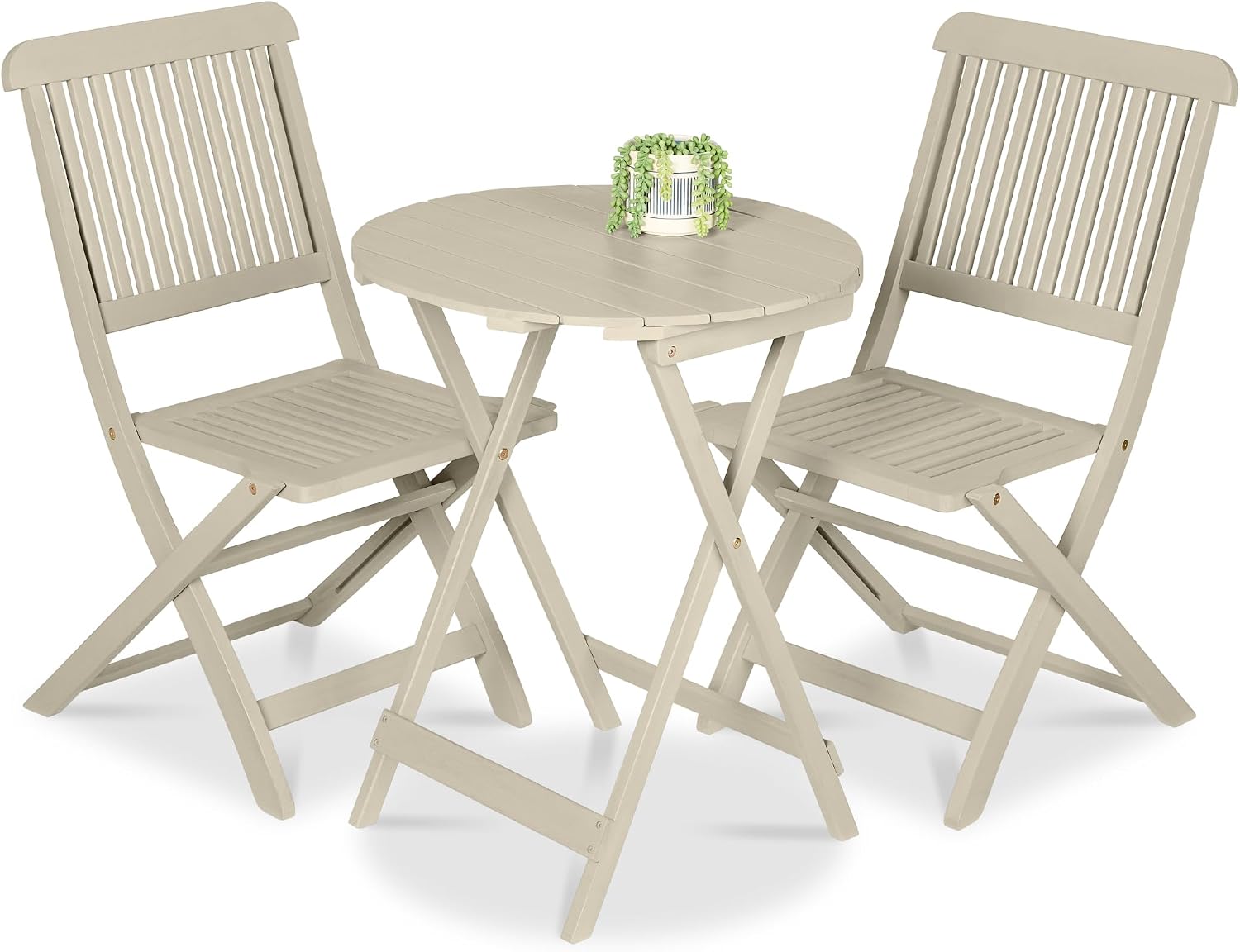 Best Choice Products 3-Piece Acacia Wood Bistro Set, Folding Patio Furniture for Backyard, Balcony, Deck w/ 2 Chairs, Round Coffee Table, Teak Finish - Cream