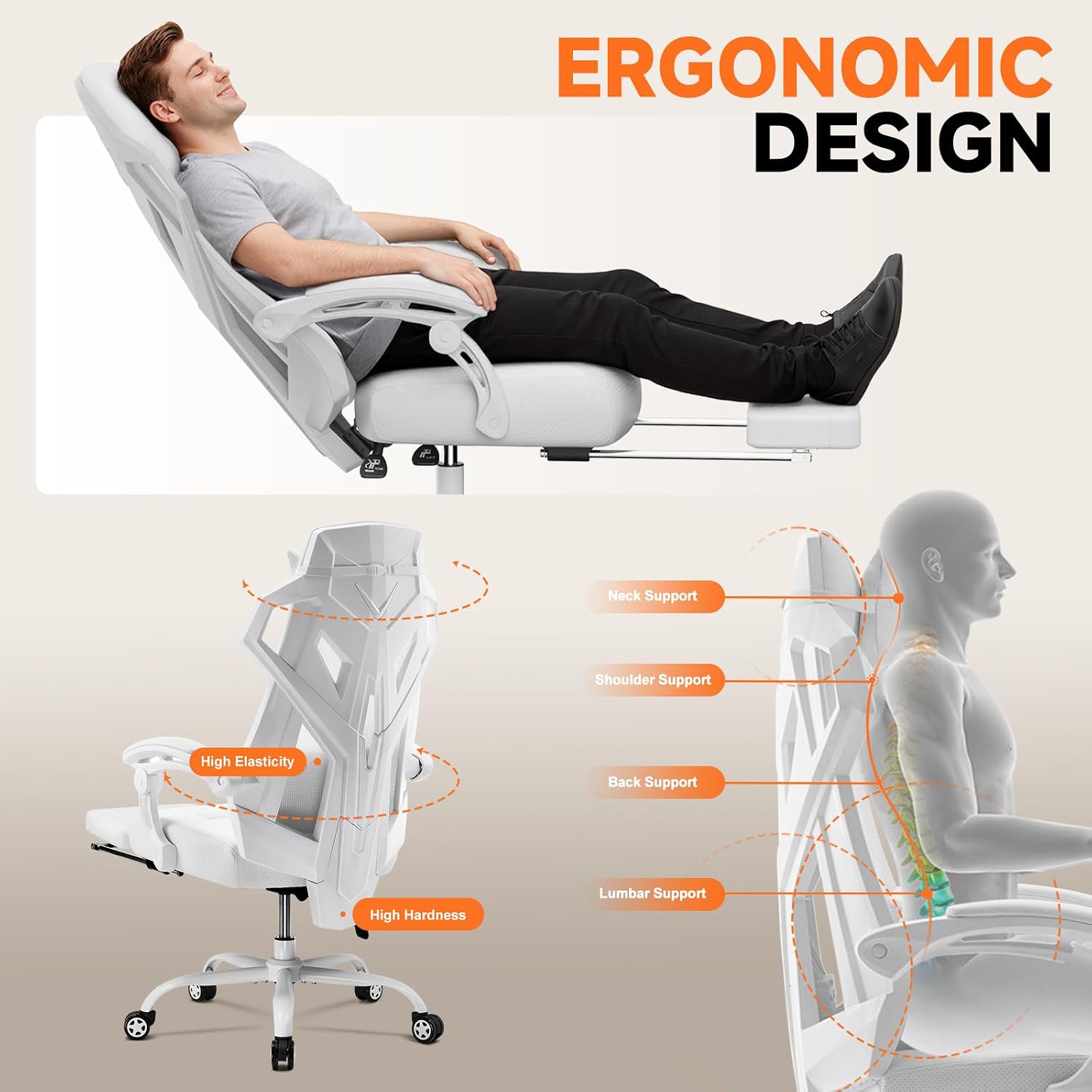 GTPLAYER Computer Chair with Adjustable Footrest, Ergonomic Gaming Chair with Headrest and Lumbar Support, Breathable Mesh Office Chair for Adults, High Back Reclining Desk Chair for Gaming and Office