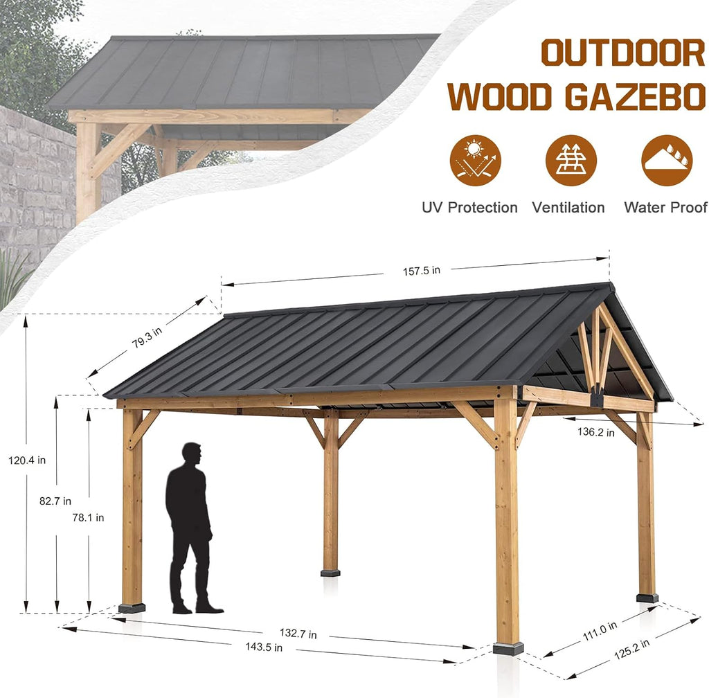 COOS BAY 11x13 Hardtop Gazebo with Cedar Wood Frame, Galvanized Steel Gable Roof with UV Protection for Garden, Patio, Poolside, Backyard, Natural Wood/Black
