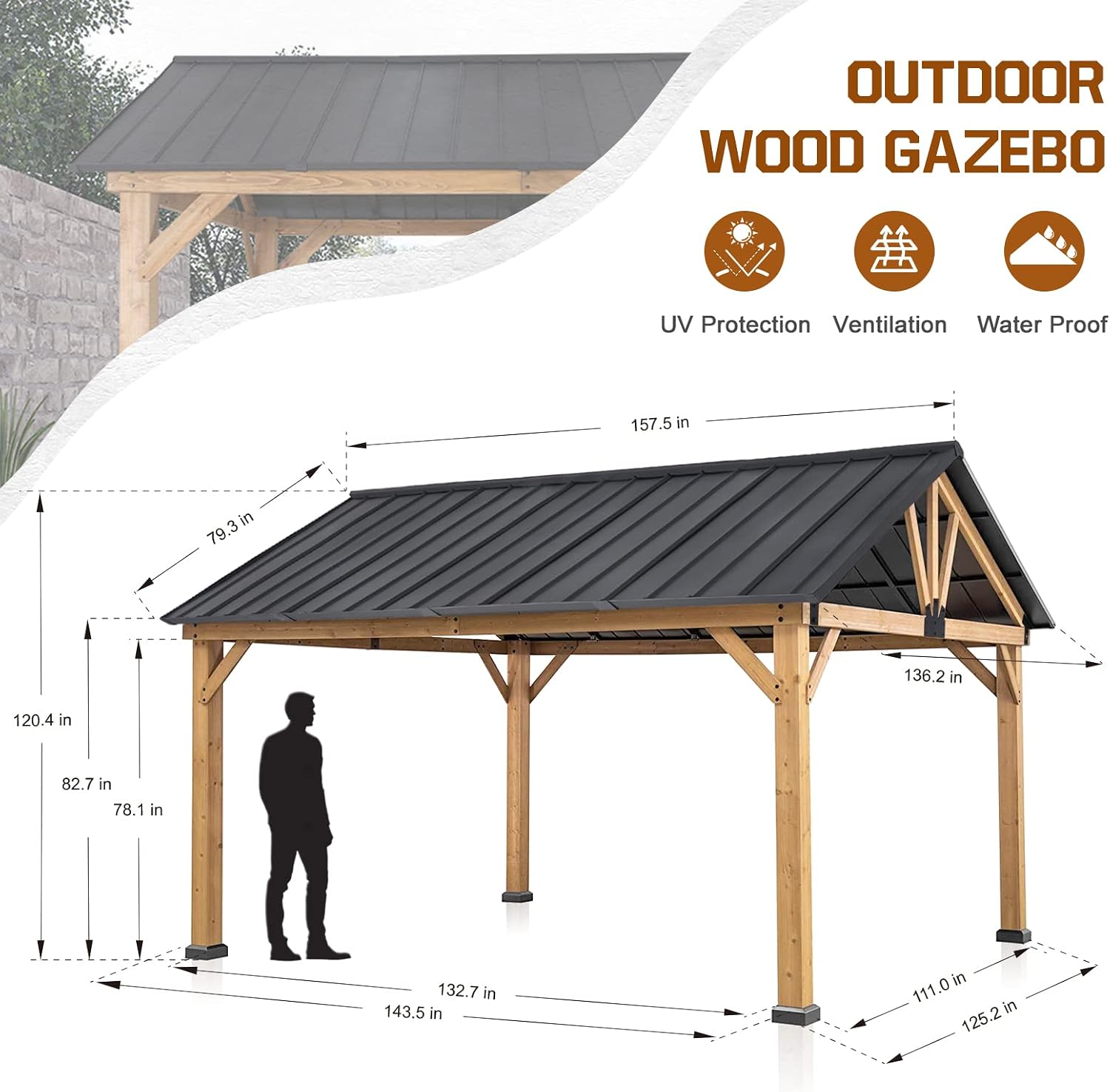 COOS BAY 11x13 Hardtop Gazebo with Cedar Wood Frame, Galvanized Steel Gable Roof with UV Protection for Garden, Patio, Poolside, Backyard, Natural Wood/Black