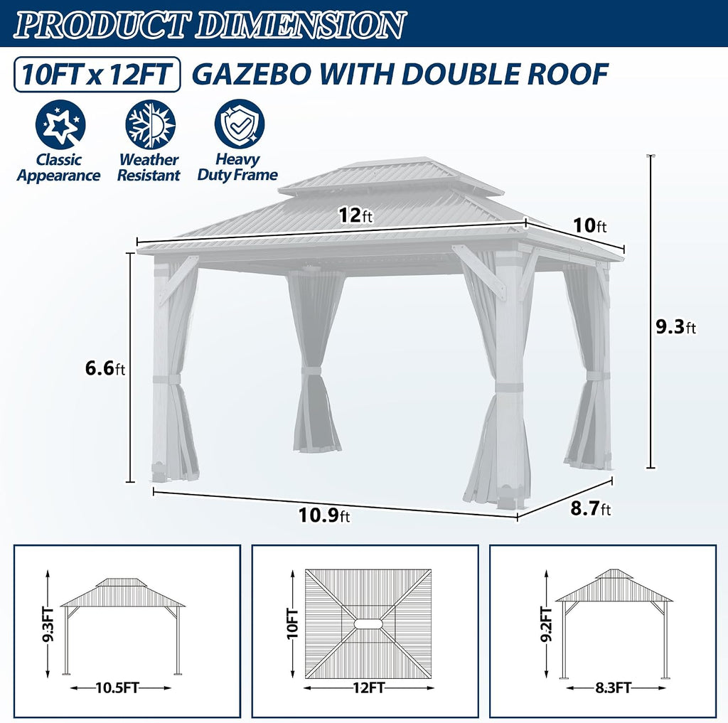 COVERONICS 10'x12' Outdoor Wood Gazebo - Hardtop Wooden Gazebo with Galvanized Steel Roof, Heavy-Duty Pavilion with Netting & Curtains for Garden, Poolside, Deck, Backyard