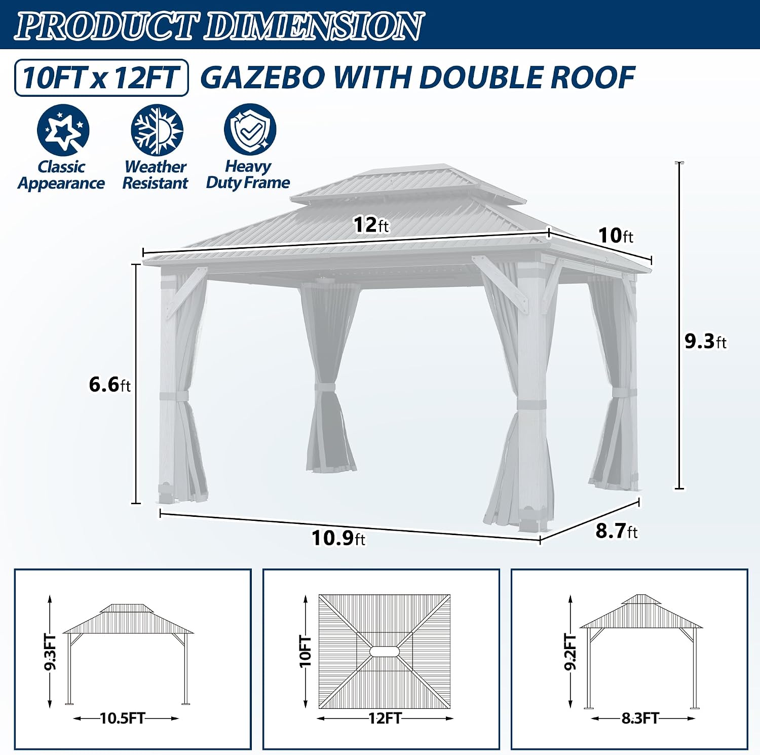 COVERONICS 10'x12' Outdoor Wood Gazebo - Hardtop Wooden Gazebo with Galvanized Steel Roof, Heavy-Duty Pavilion with Netting & Curtains for Garden, Poolside, Deck, Backyard
