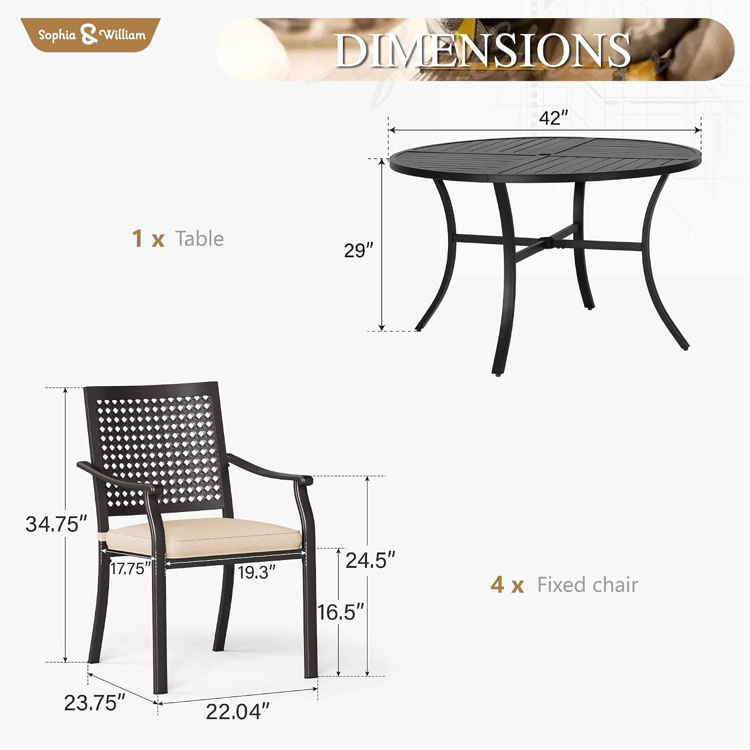 Sophia & William Round Patio Table and Chairs Set, Outdoor Dining Set for 4, 5 Piece Metal Patio Furniture, 42' Black Table(Beehive)