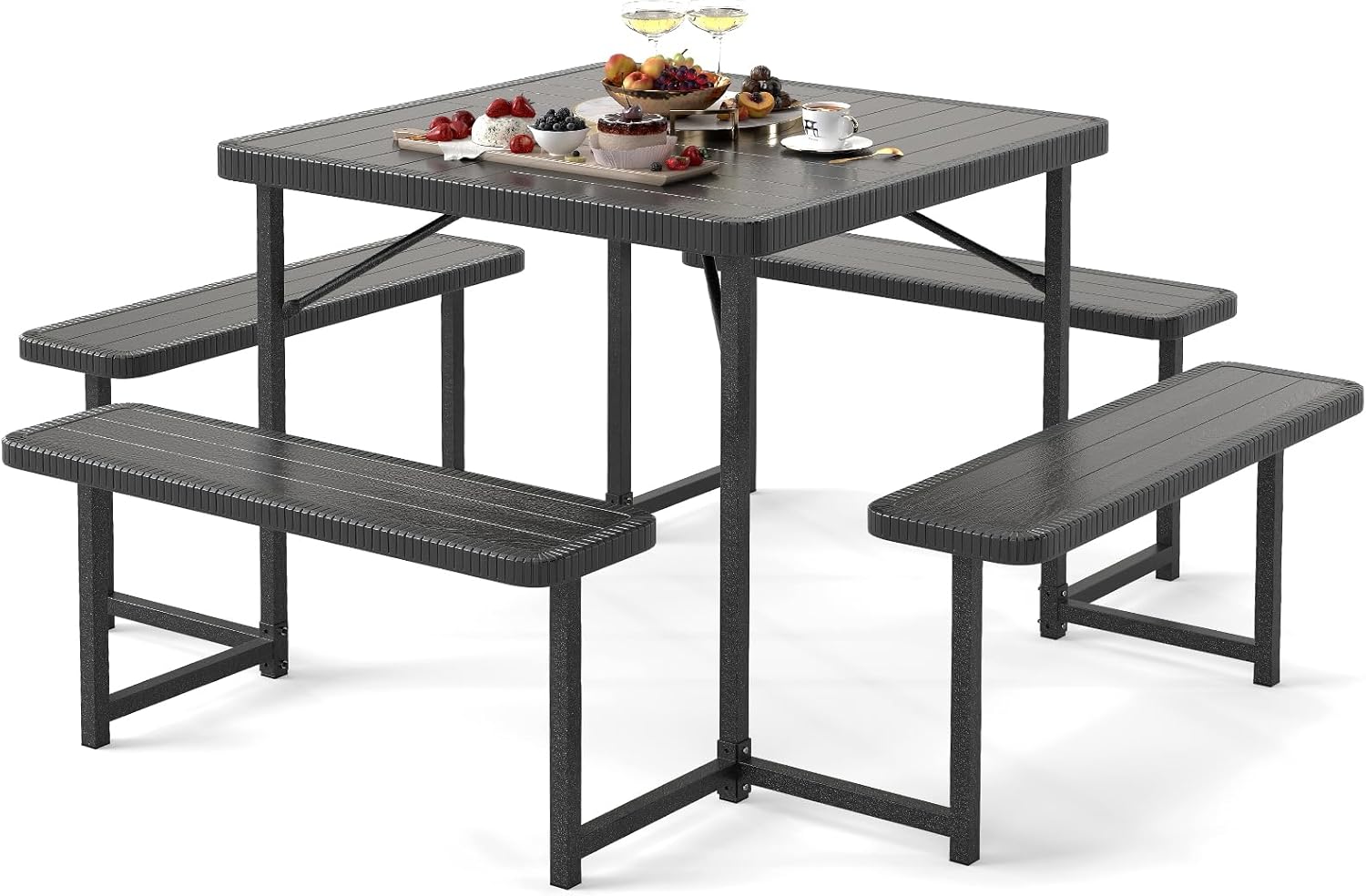 Giantex Picnic Table Bench Set for 4-8 People, 34' Outdoor Square Dining Table & 2 Benches w/Umbrella Hole, HDPE Tabletop, Metal Frame, Patio Camping Furniture for Backyard Porch Lawn (Black,Square)