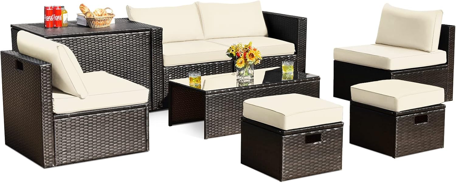 Tangkula 8 Piece Patio Furniture Set, Patiojoy Outdoor Space Saving PE Rattan Sectional Sofa Set for 6 with Waterproof Cover, for Garden, Deck, Poolside and Balcony (Off White)
