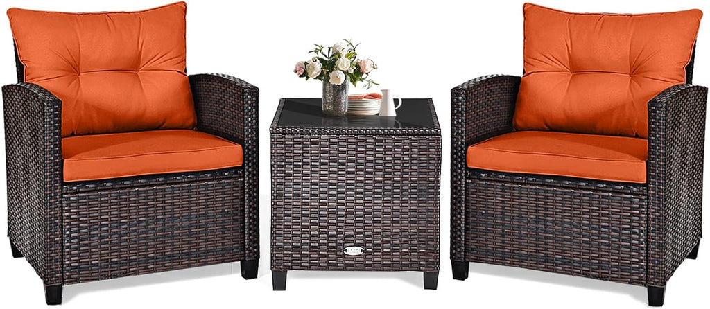 KOTEK 3 Piece Patio Furniture Set, Outdoor Conversation Set with Washable Cushions & Tempered Glass Tabletop, PE Rattan Wicker Bistro Set for Porch, Garden, Balcony (Orange)