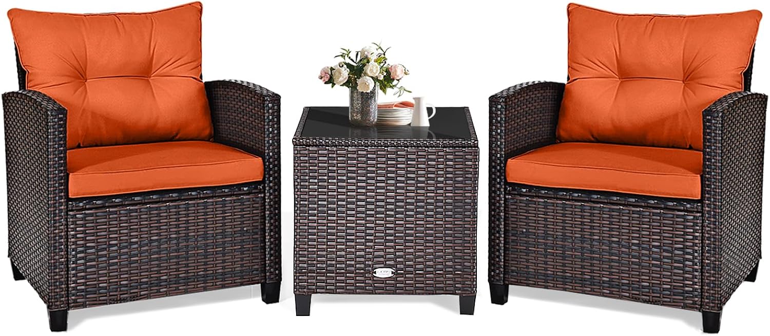 KOTEK 3 Piece Patio Furniture Set, Outdoor Conversation Set with Washable Cushions & Tempered Glass Tabletop, PE Rattan Wicker Bistro Set for Porch, Garden, Balcony (Orange)