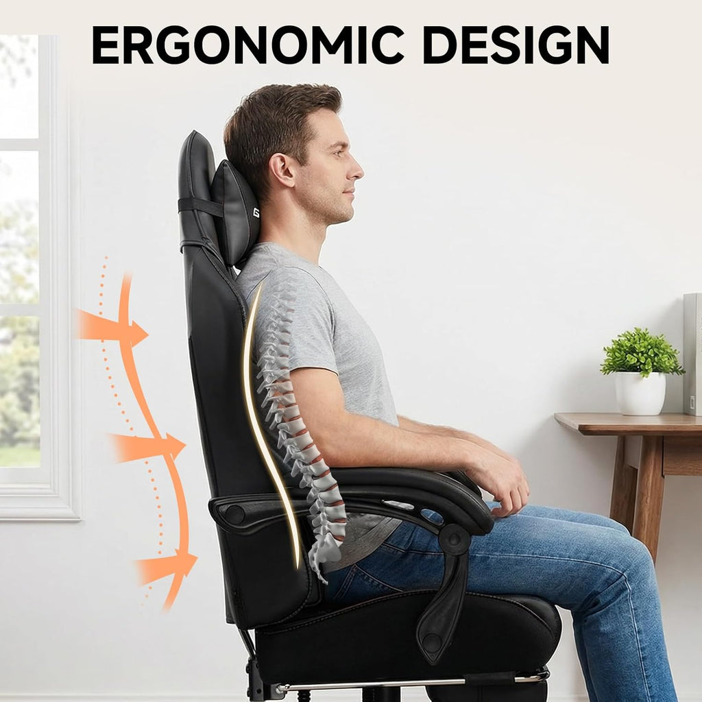 GTPLAYER Gaming Chair, High Back Computer Gaming Chair with Footrest, Ergonomic Height Adjustable Office Chair with Removable Cover and Lumbar Support for Gaming & Work (BLK,with Leather Cover)