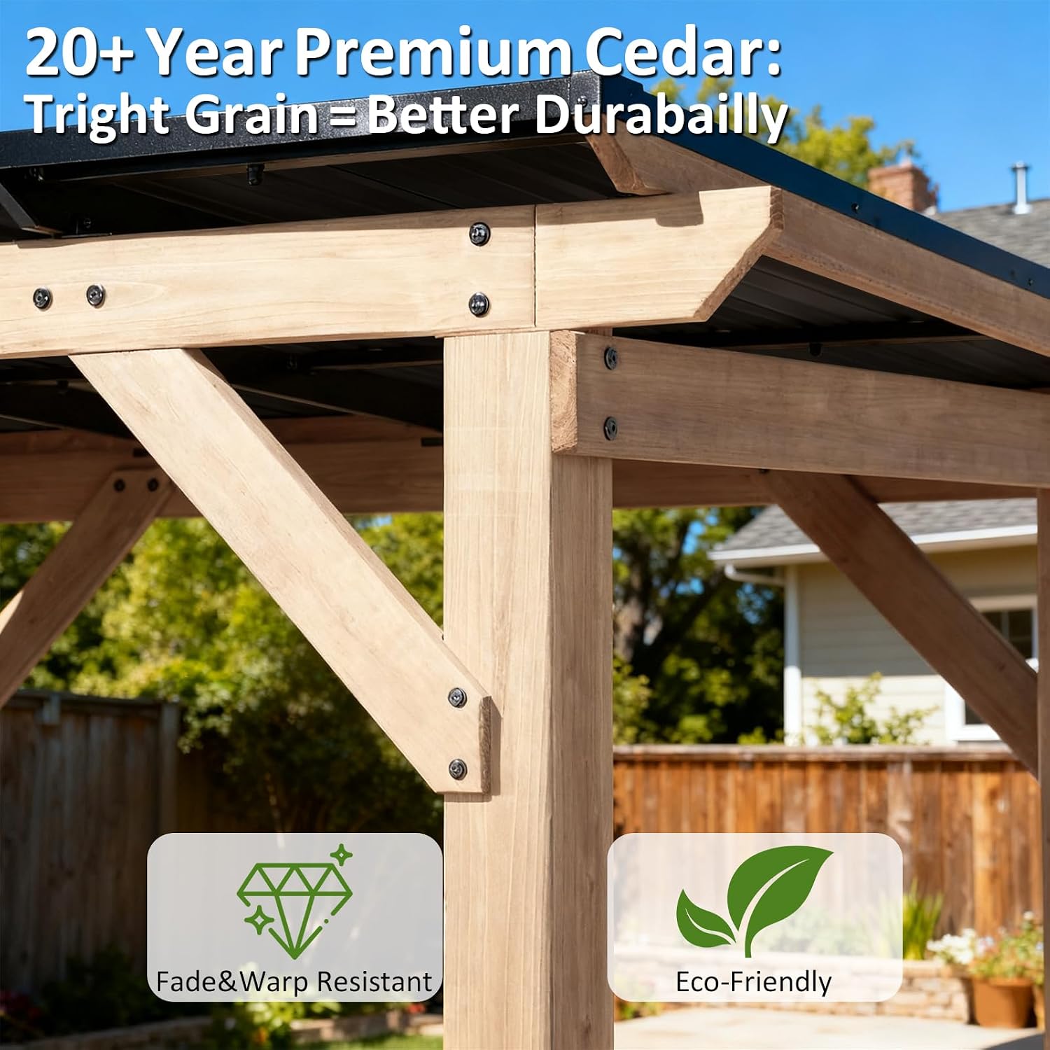 CHARMELEON Grill Gazebo 6 x 8 FT,Cedar Wood BBQ Gazebo with Thick Wooden Side Serving Shelves&Paper Holder& Bottle Opener,Patio Pavilion with Galvanized Steel Roof for Outdoor,Backyard,Garden,Deck