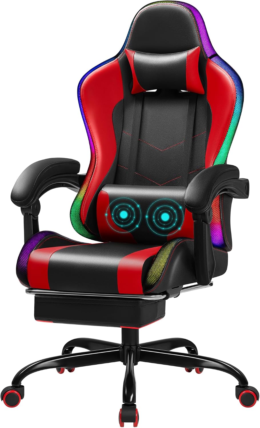 Gaming Chair with RGB, Computer Gaming Chairs with LED Lights and Footrest for Home, Office, Red and Black