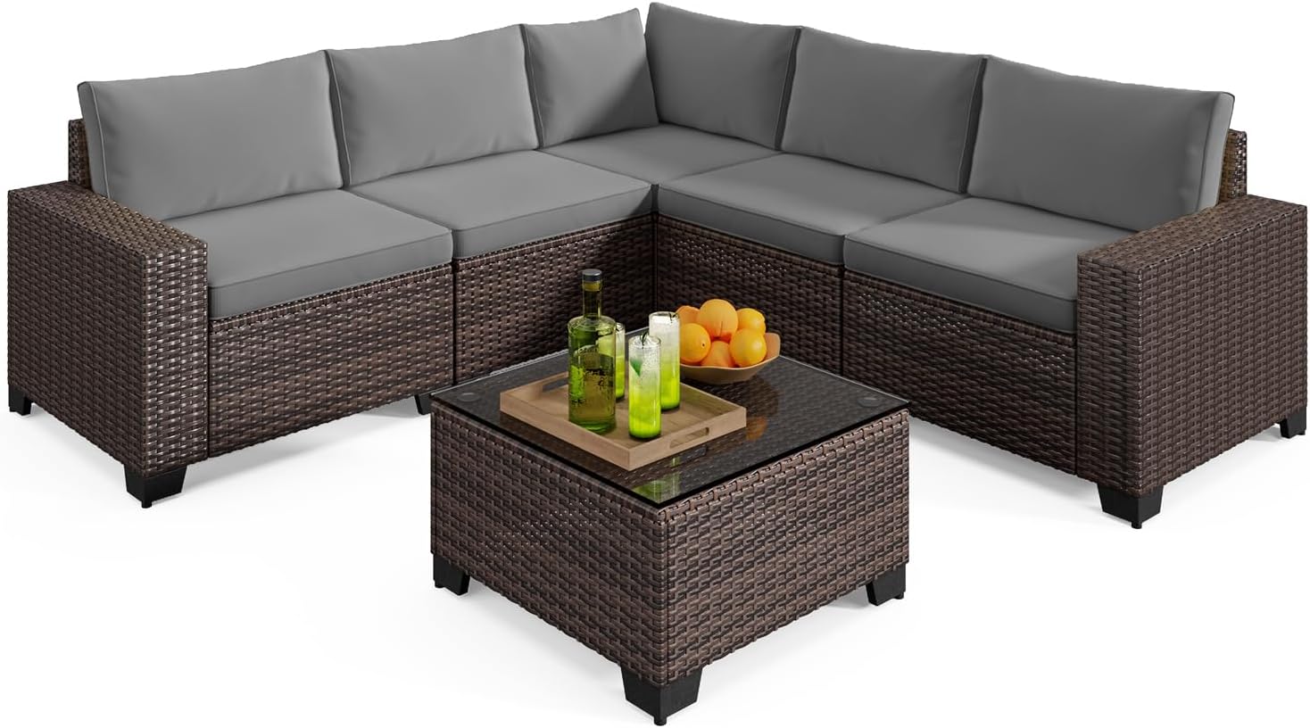 Gizoon 6-Piece Outdoor Patio Furniture Set, PE Wicker Rattan Sectional Sofa Conversation Set with Thickened Cushions and Coffee Table, All-Weather Patio Furniture for Garden, Backyard, Poolside, Grey