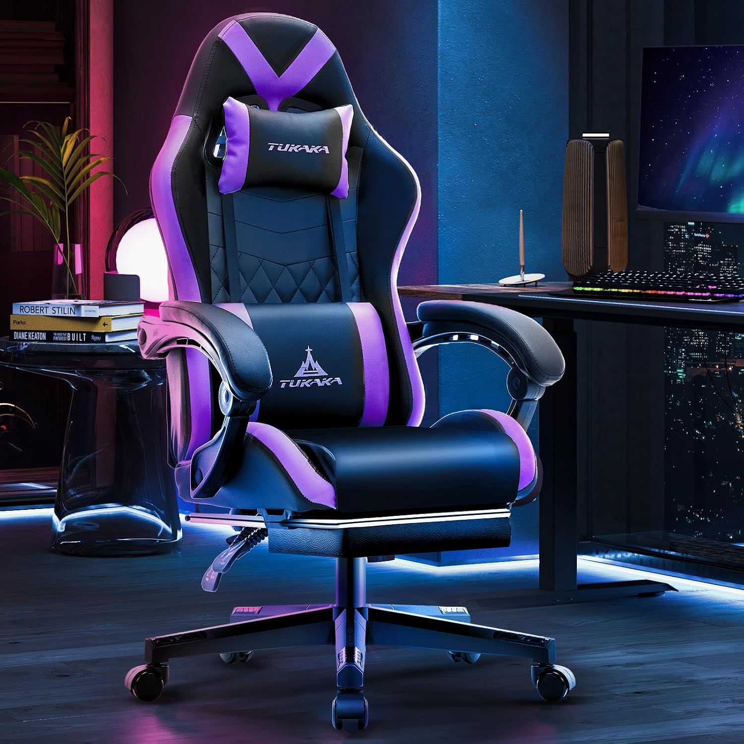 Gaming Chair,Ergonomic Massage Computer Office Desk Chair with Footrest,Pocket Spring Cushion,Reclining Leather Adjustable Gamer Chair with Headrest and Lumbar Support,Purple