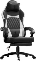 Dowinx Gaming Chair with Pocket Spring Cushion, Ergonomic Computer Chair with Massage Lumbar and Footrest for Adults, High Back Game Chair Leather for Office Gaming 300LBS, New White