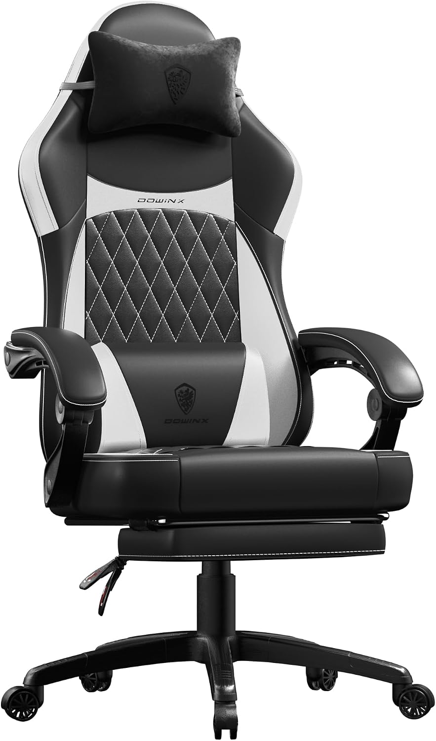 Dowinx Gaming Chair with Pocket Spring Cushion, Ergonomic Computer Chair with Massage Lumbar and Footrest for Adults, High Back Game Chair Leather for Office Gaming 300LBS, New White