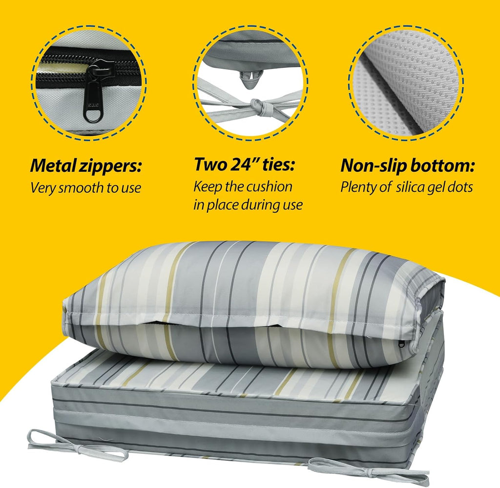 AAAAAcessories Outdoor Seat Cushions for Chairs, Fade-Resistant, Waterproof Patio Furniture Replacement Cushions, 25.5' x 25.5' x 5' + 25.5' x 13.5', Set of 4, Ash Blue Harbor Stripe
