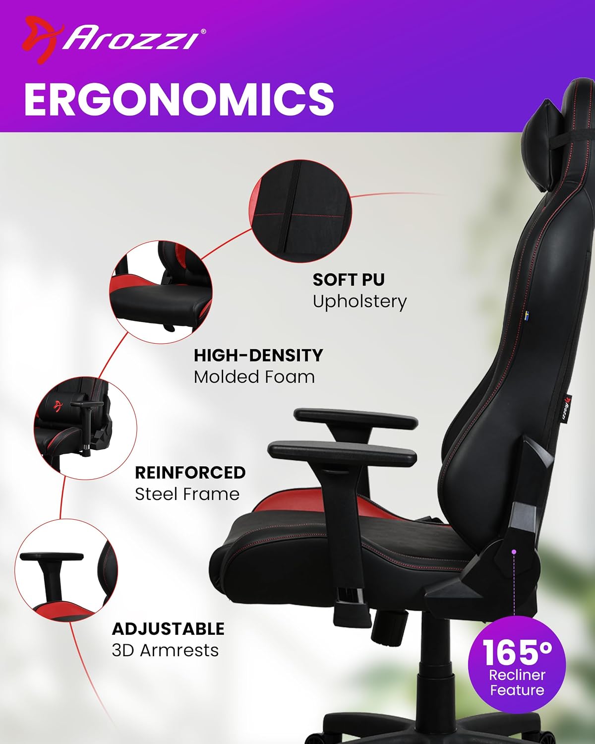 Arozzi Torretta Gaming Chair - Soft PU Ergonomic Gaming Chair for Adults Adjustable Backrest with Neck & Lumbar Pillows - Swedish Design Home Office Setup Professional Computer Chairs, Red