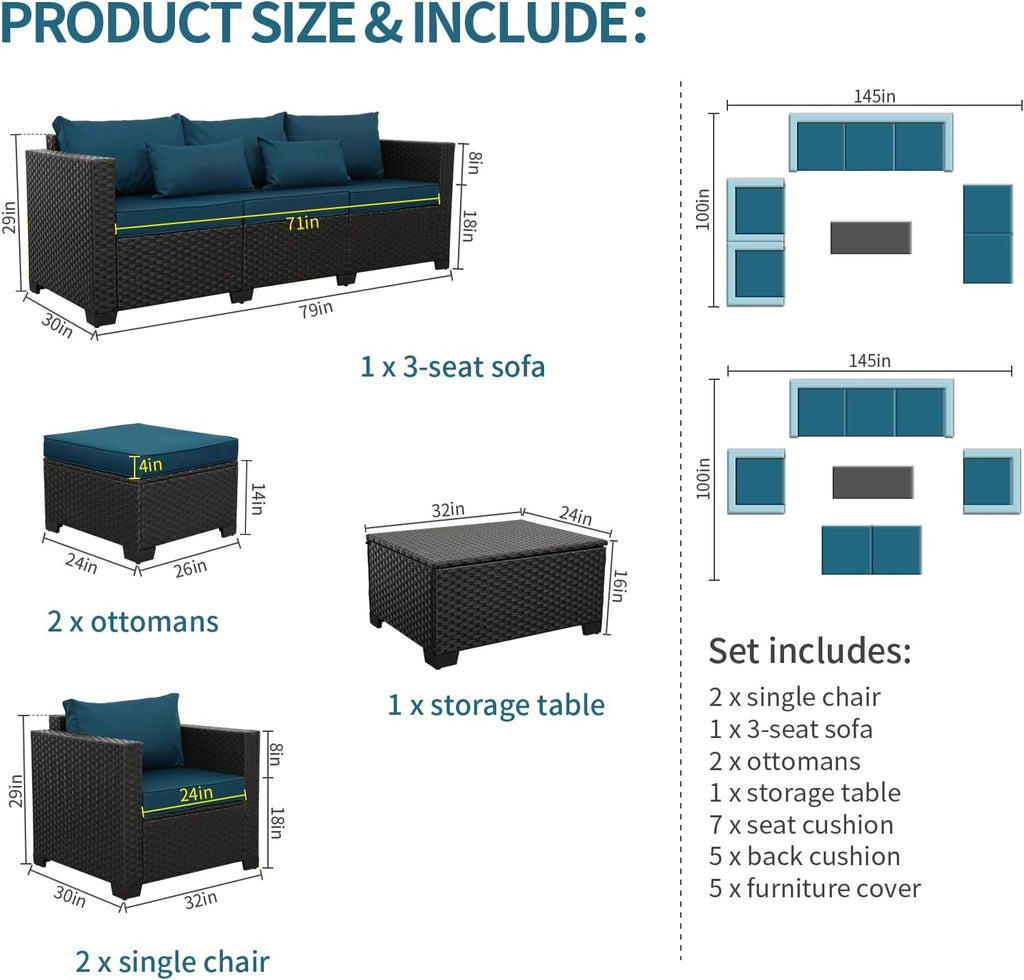 Rattaner Patio Furniture Set 6 Pieces Couch Outdoor Chairs Coffee Table Peacock Blue Anti-Slip Cushions and Waterproof Covers