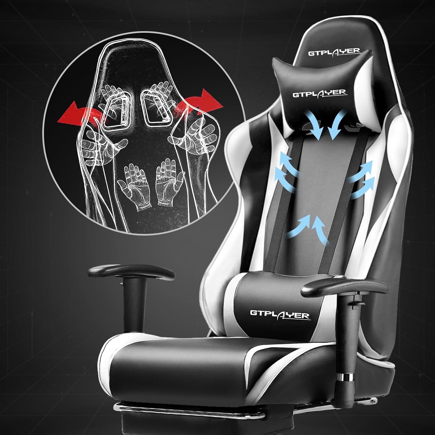 GTPLAYER Gaming Chair with Footrest, Ergonomic Computer Game Desk Chair, Recline Gaming Chair Seat Height Adjustment, Swivel Rocker with Headrest and Lumbar (White)