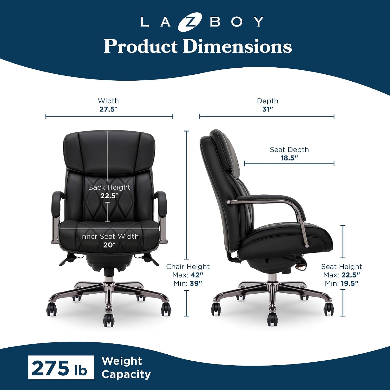 La-Z-Boy Symphony Executive Mid-Back Office Chair, Diamond Quilt Seat and Back, Pocket Coil Cushion, Padded Armrests, Ergonomic Computer DeskChair, Swivel Metal Base, Bonded Leather, Black/Graphite