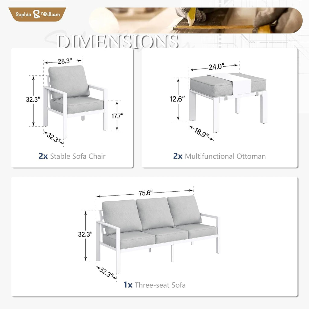 Sophia and William Aluminum Patio Furniture Set, 7 Seats Patio Conversation Set, Large Size and High Back Outdoor Couch