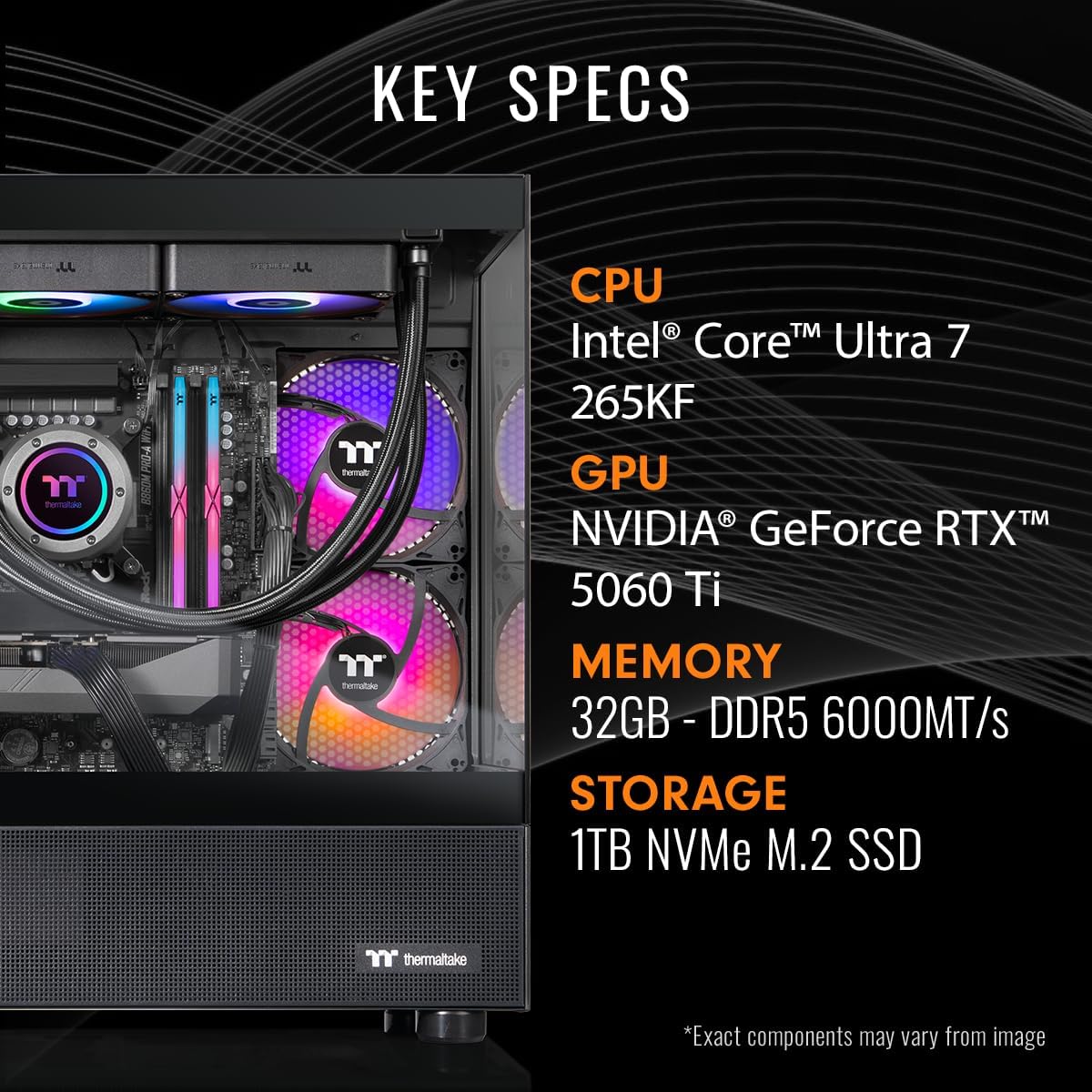 Thermaltake LCGS View u2660T-170 Gaming Desktop (Intel® Core™ Ultra 7 265KF, ToughRam 32GB DDR5 6000MT/s RGB Memory, NVIDIA GeForce® RTX 5060 Ti, 1TB NVMe M.2, WiFi, Windows 11) V17B-B860-56T-LCS