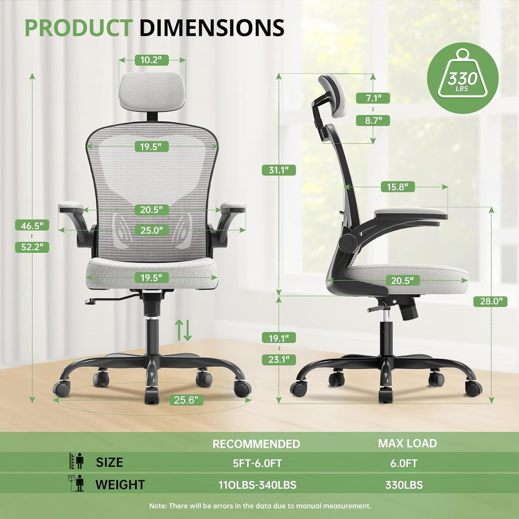 Synorla Office Chair Ergonomic Desk Chair, 330LBS Capacity, High Back Computer Design for Long Hours Comfort, Rolling Swivel Executive Task for Home Office with Flip-up Armrests, Black Grey