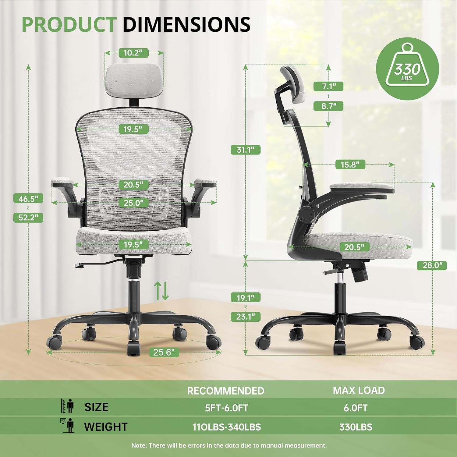 Synorla Office Chair Ergonomic Desk Chair, 330LBS Capacity, High Back Computer Design for Long Hours Comfort, Rolling Swivel Executive Task for Home Office with Flip-up Armrests, Black Grey