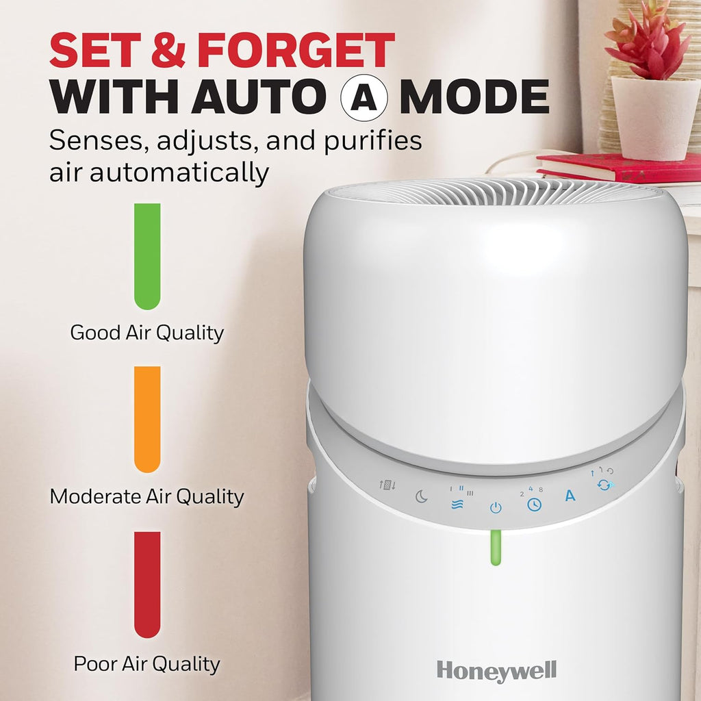 Honeywell Allergen Plus™ 3-in-1 HEPA Air Purifier for Home, Fan & Adjustable Airflow for Large Rooms up to 1928 Ft², Air Quality Sensor, Reduces Allergens, Pet Dander & Odors, HPA6000, White