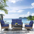 COOS BAY Sunset Haven Outdoor Patio Furniture Set, Outdoor Conversation Set, Rattan Wicker Sofa, Loveseat, 2 Patio Chairs and Coffee Table, Brown/Blue