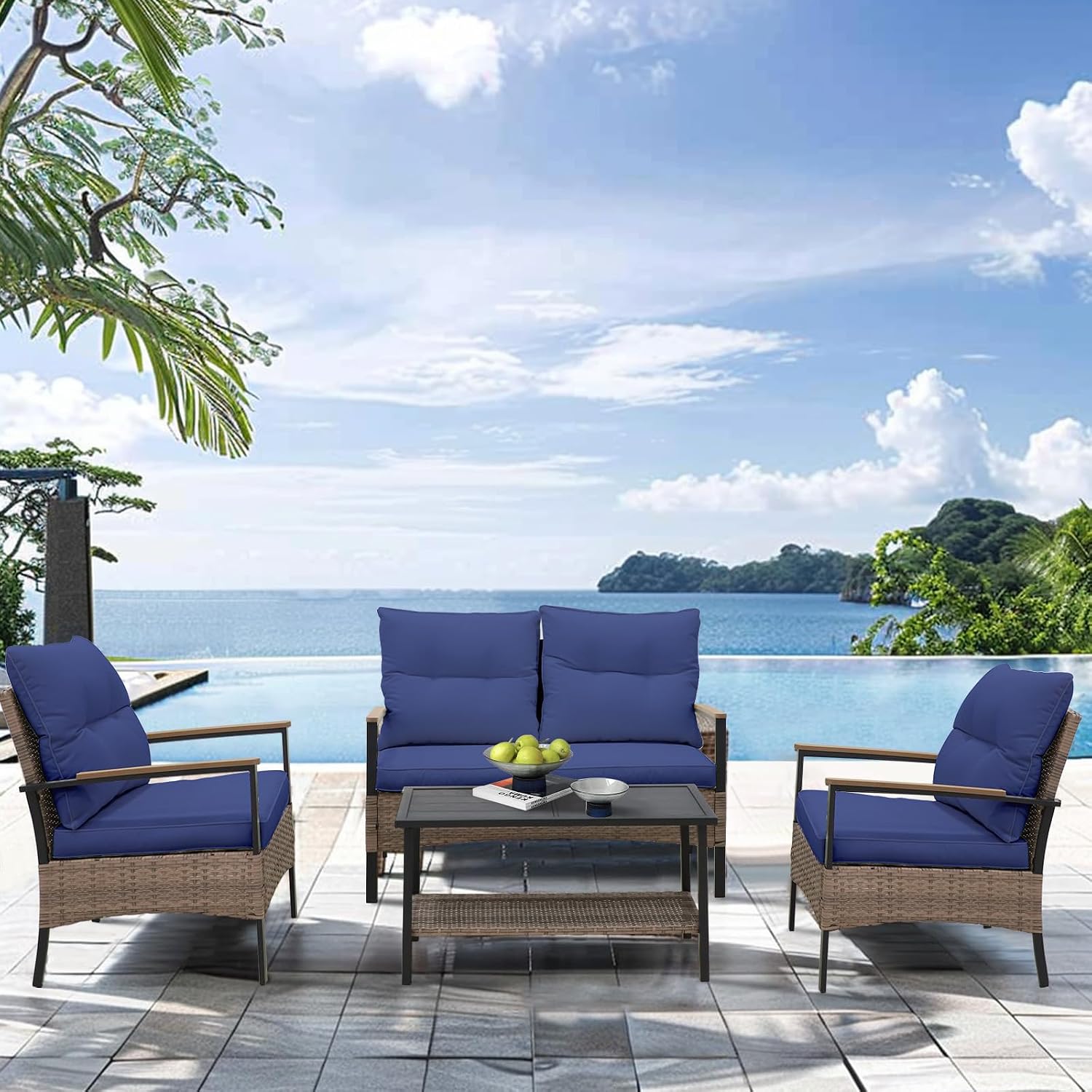 COOS BAY Sunset Haven Outdoor Patio Furniture Set, Outdoor Conversation Set, Rattan Wicker Sofa, Loveseat, 2 Patio Chairs and Coffee Table, Brown/Blue