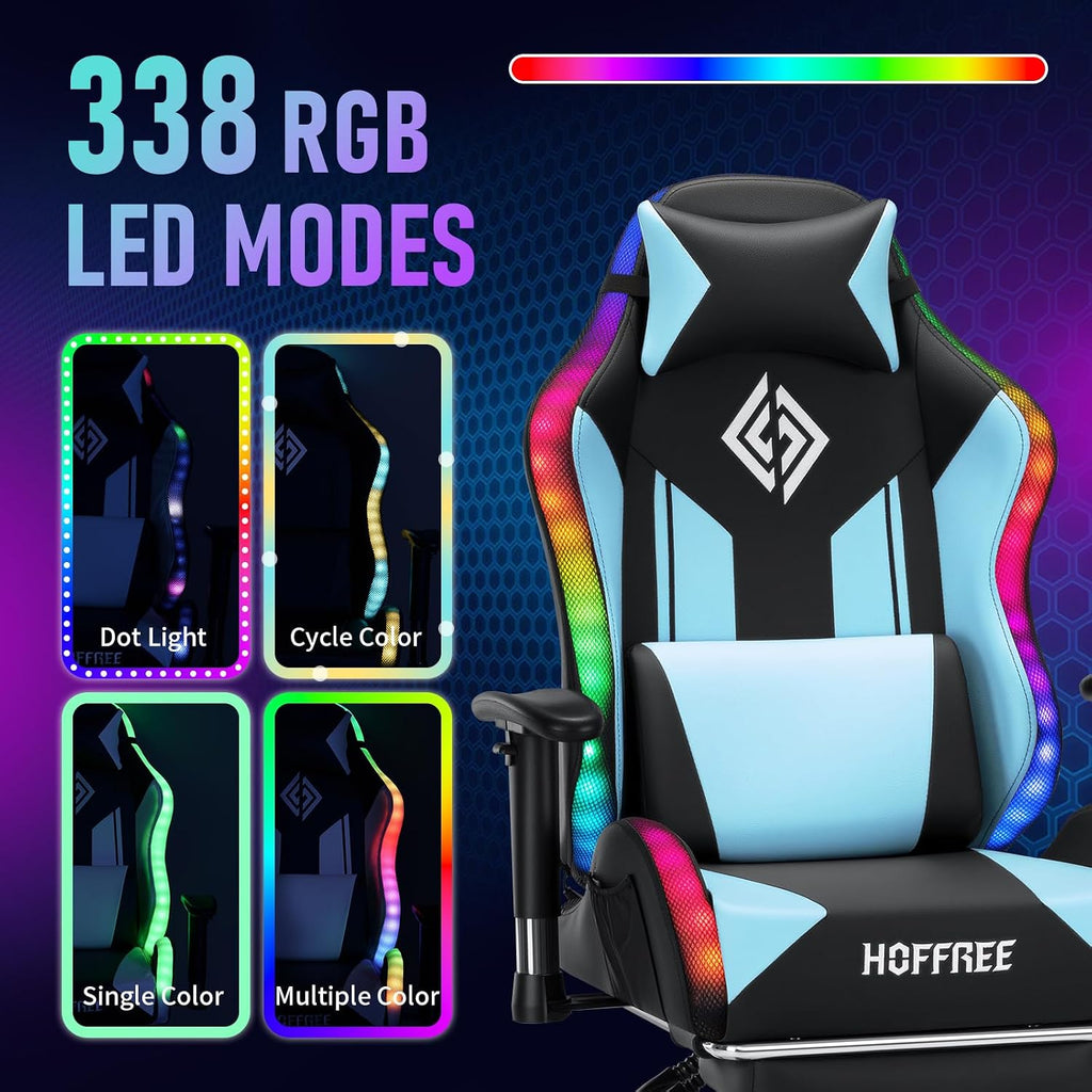 HOFFREE RGB LED Gaming Chair for Kids Reclining Gaming Chairs for Teens 8-15 Computer Chair with RGB Lights Kids PC Game Chair with Footrest and Lumbar Support Video Game Chairs Blue and Black