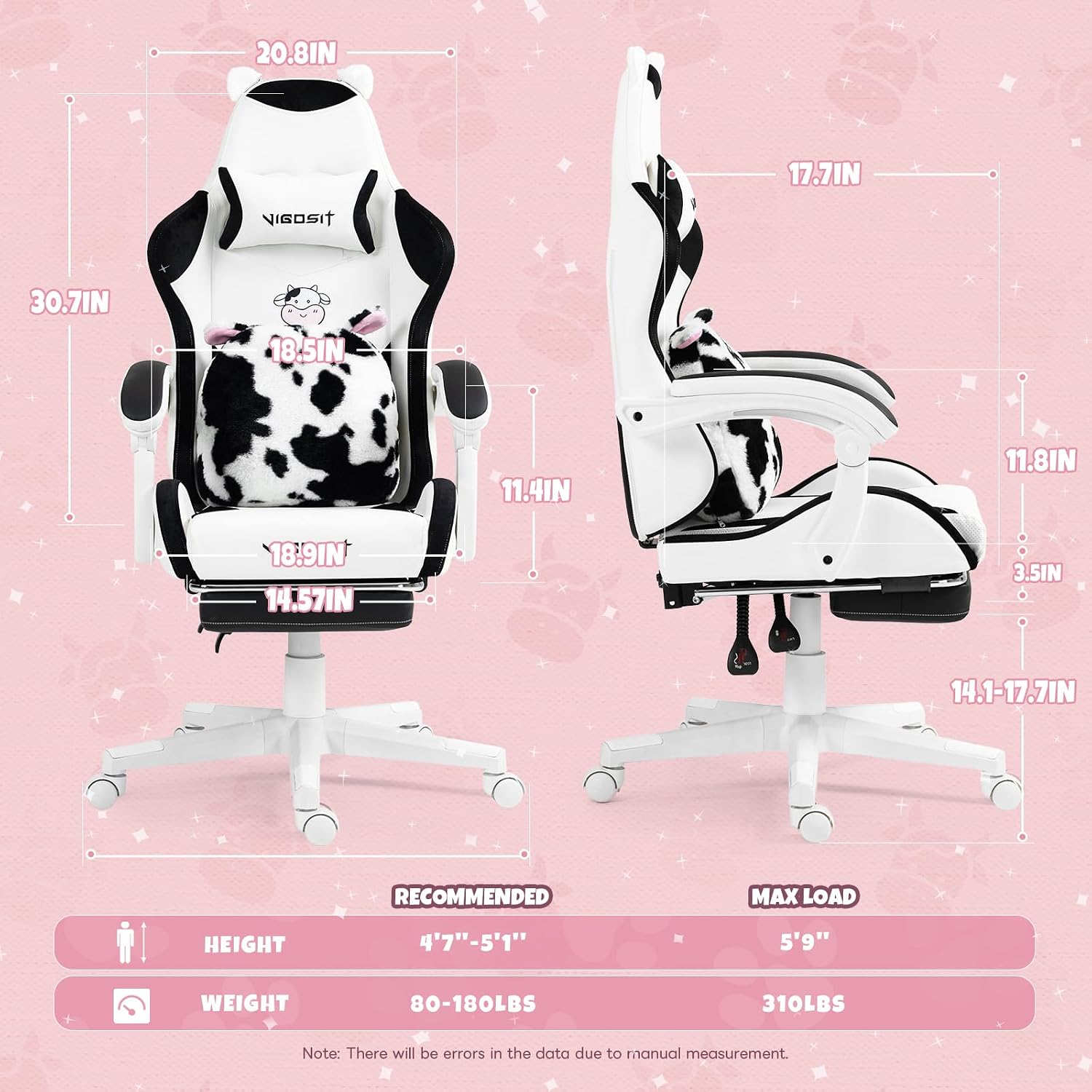Vigosit Cute Cat Gaming Chair with Paw Lumbar Cushion, PC Video Gamer Chair for Girl Teen Woman (Black White)
