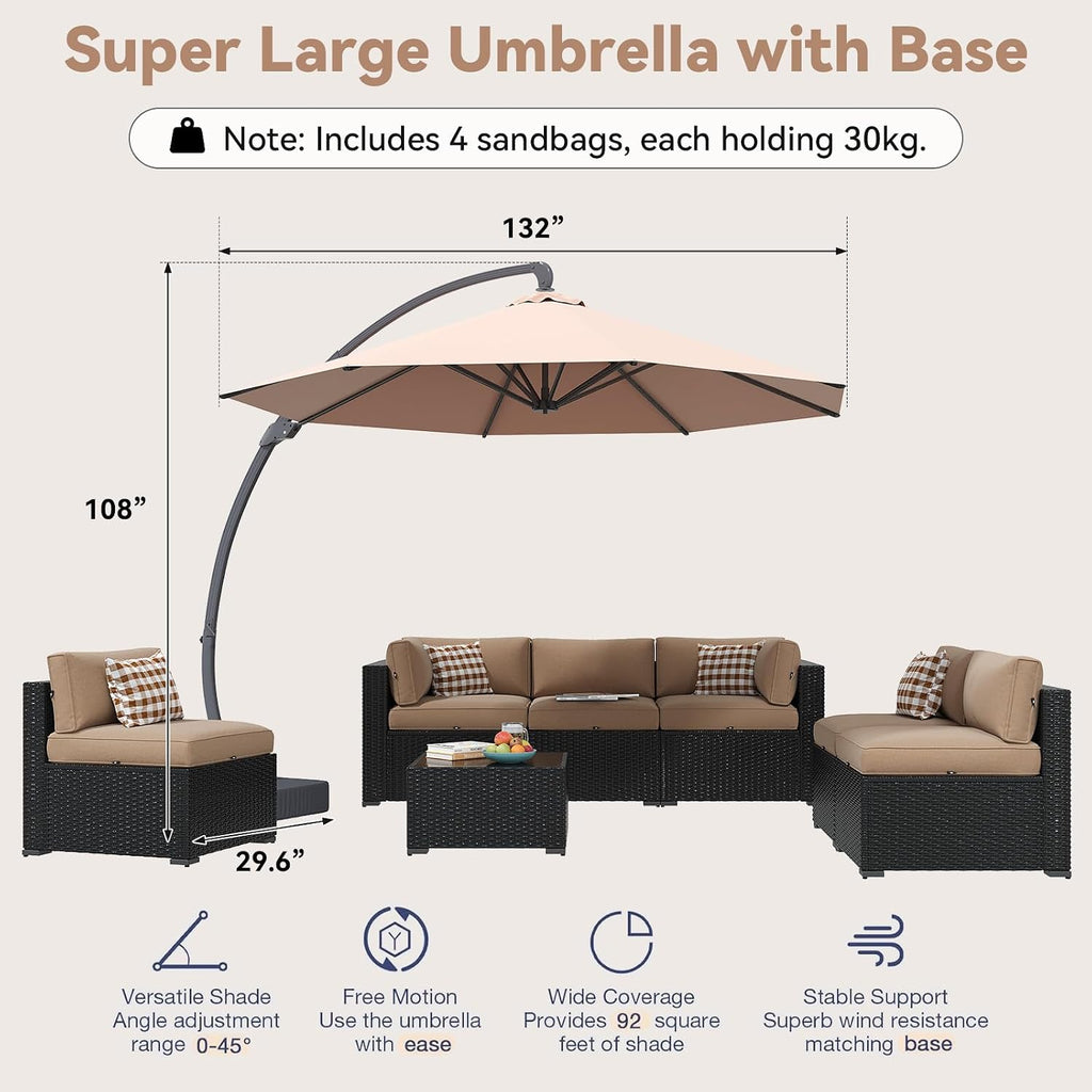 Aoxun Patio Furniture Set with Umbrella, 8 Piece Outdoor Sectional Sofas, Wicker Rattan Outdoor Furniture with Thickened Cushion for Backyard, Garden Beige