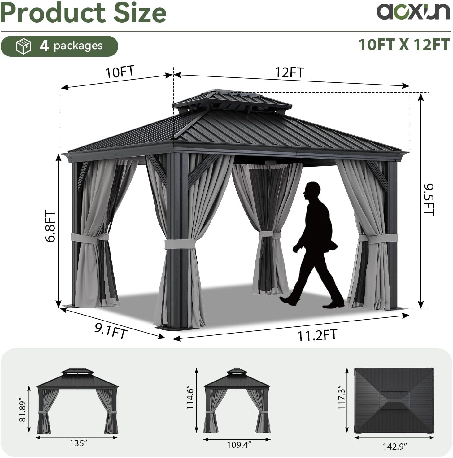 Aoxun 10' X 12' Hardtop Gazebo with Drainage System, Aluminum Outdoor Gazebo with Galvanized Steel Double Roof, Patio Permanent Metal Pavilion with Netting, for Garden, Deck, Grey