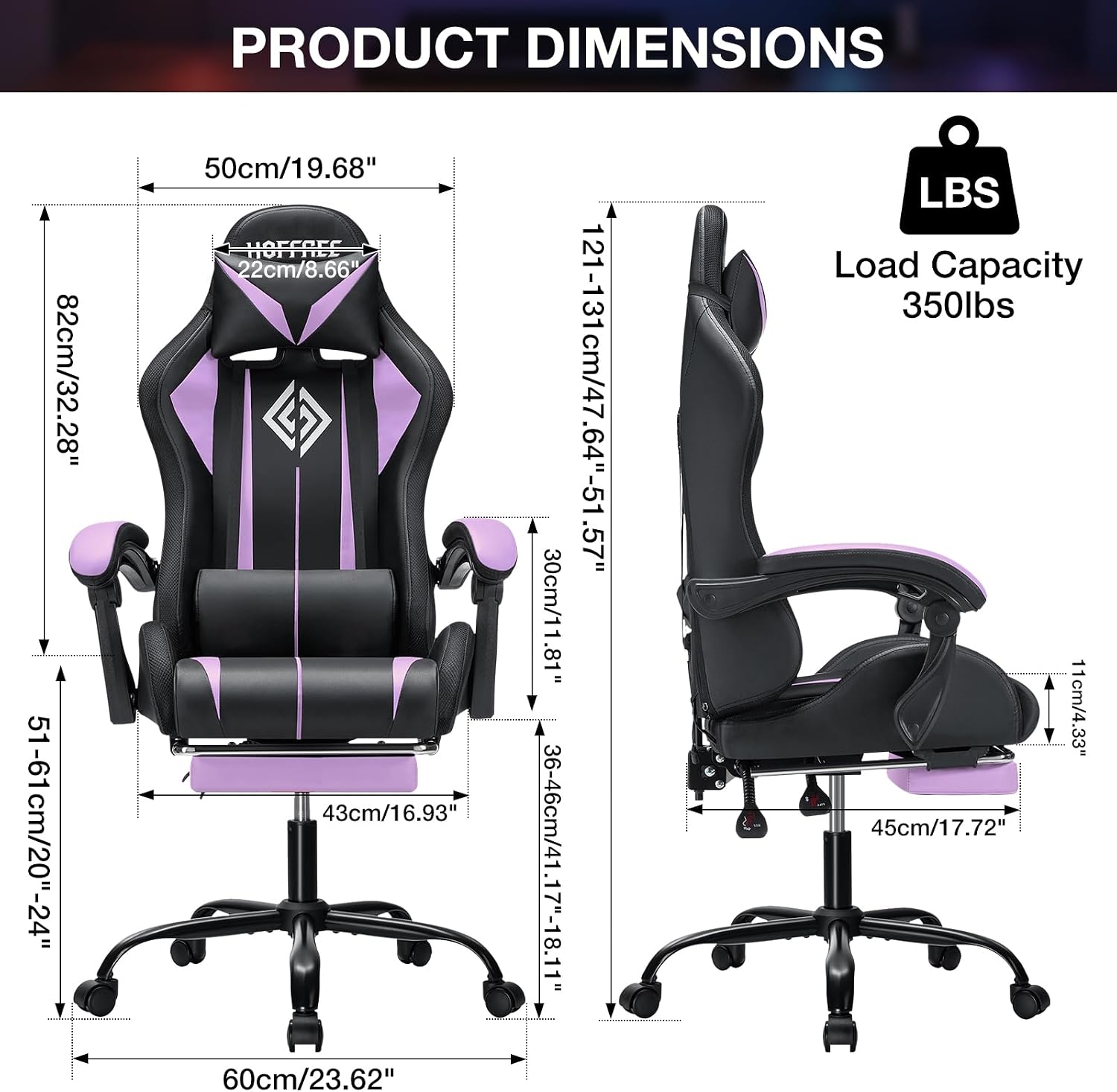 HOFFREE Gaming Chair with LED RGB Lights and Massage Ergonomic Computer Chair with Footrest High Back Video Game Chair with Adjustable Lumbar Support Linkage Armrest Purple and Black